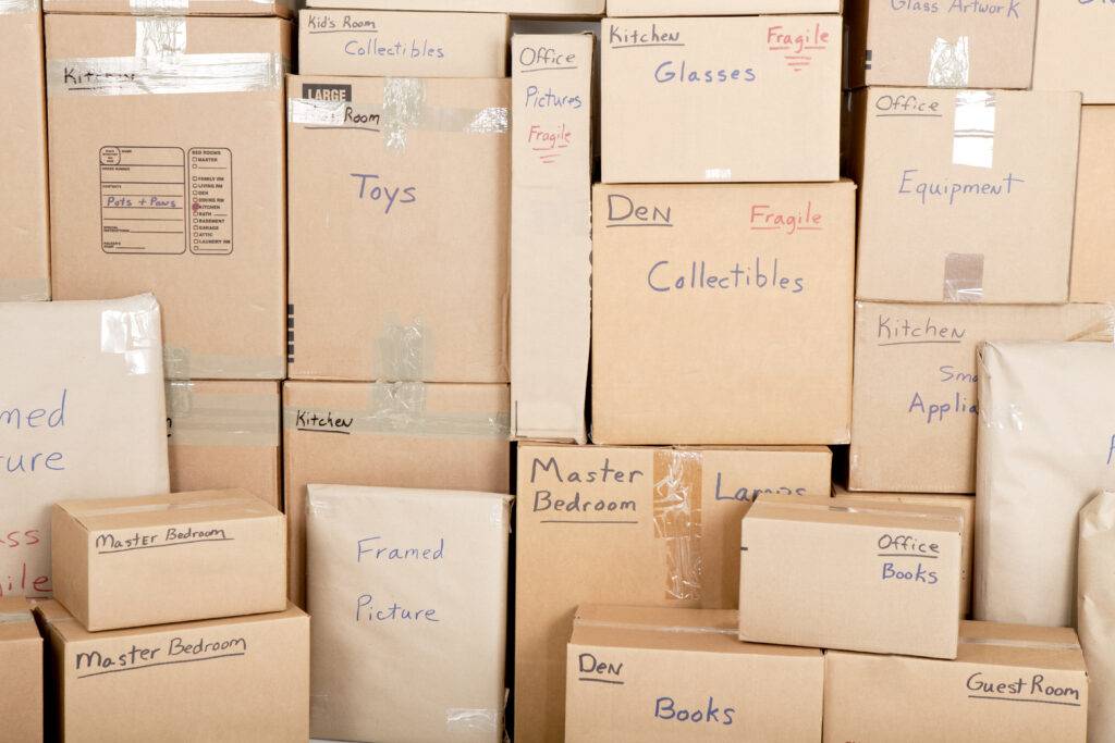 Categorized moving boxes by a professional moving company